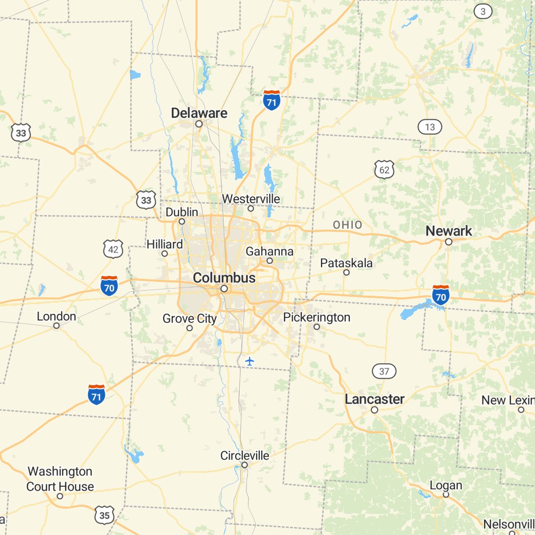 Map of central Ohio from Marysville and Delaware to Newark and Lancaster, the region Champion Logistic Services hauls across